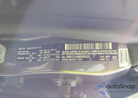 2022 Maserati Levante Gt z USA, uszkodzony, nr VIN ZN661XUA8NX400355